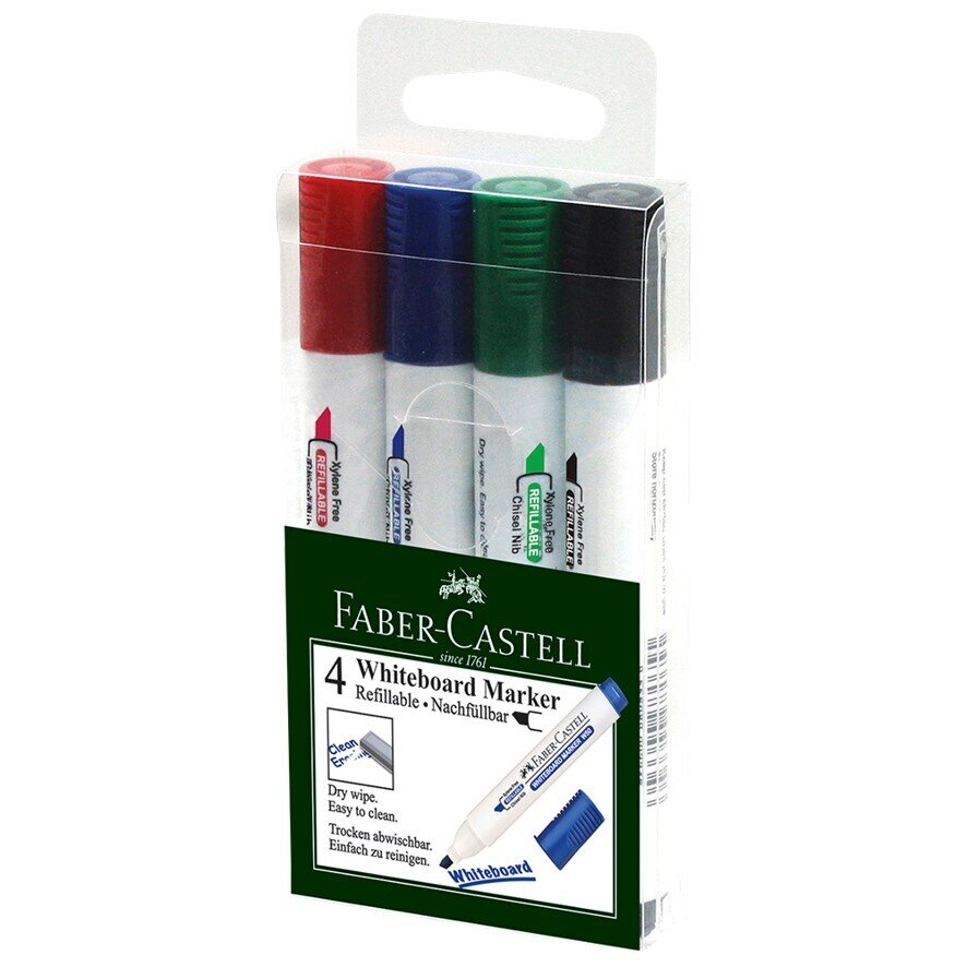 MARKER WHITEBOARD FABER-CASTELL W50 CHISEL TIP BLACK BLUE GREEN RED PK4