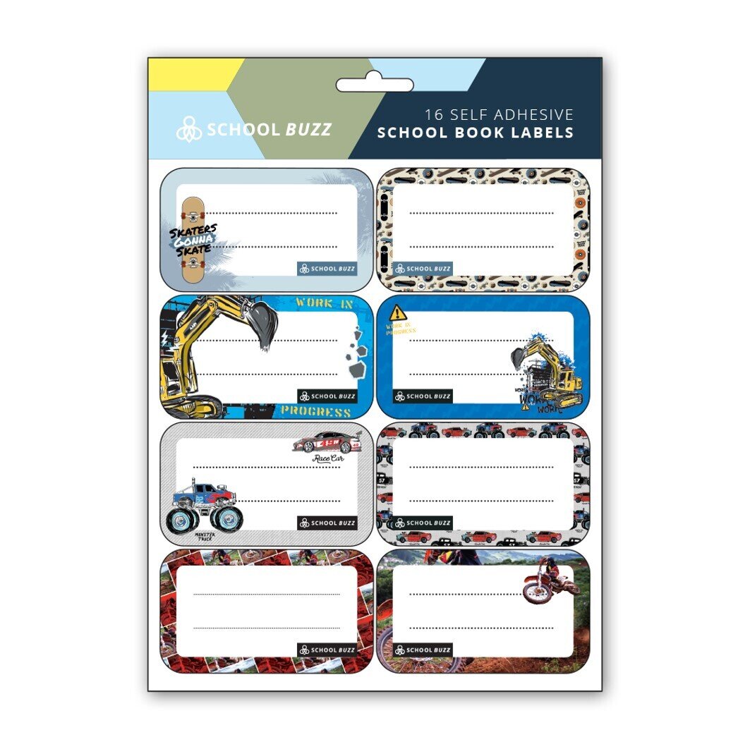 NAME LABELS SCHOOL BUZZ 16X23CM 16 LABELS PER SHEET BOY ASST DESIGNS
