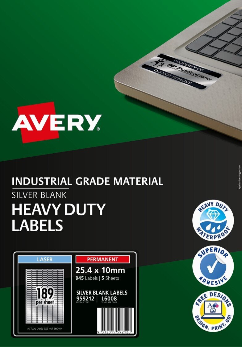 LABEL AVERY 25.4X10MM 189UP LASER L6008 HEAVY DUTY SILVER PK5
