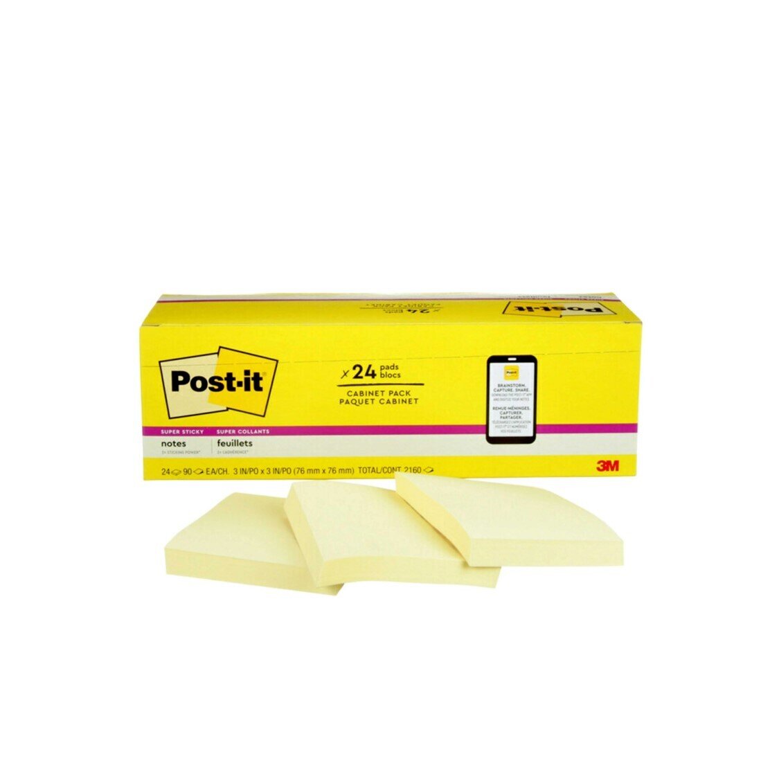 NOTES SUPER STICKY POST-IT 76X76 654-24SSCP CANARY YELLOW 24 PADS