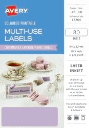 SP- LABEL AVERY 94X32 RECTANGULAR LASER 8UP LAVENDER PURPLE PK80