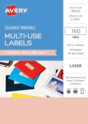 SP- LABEL AVERY 63.5X24 RECTANGULAR LASER 16UP PEACHY PINK PK160