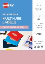 SP- LABEL AVERY 63.5X24 RECTANGULAR LASER 16UP SALMON PINK PK160