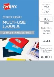 SP- LABEL AVERY 63.5X24 RECTANGULAR LASER 16UP GUN METAL GREY PK160