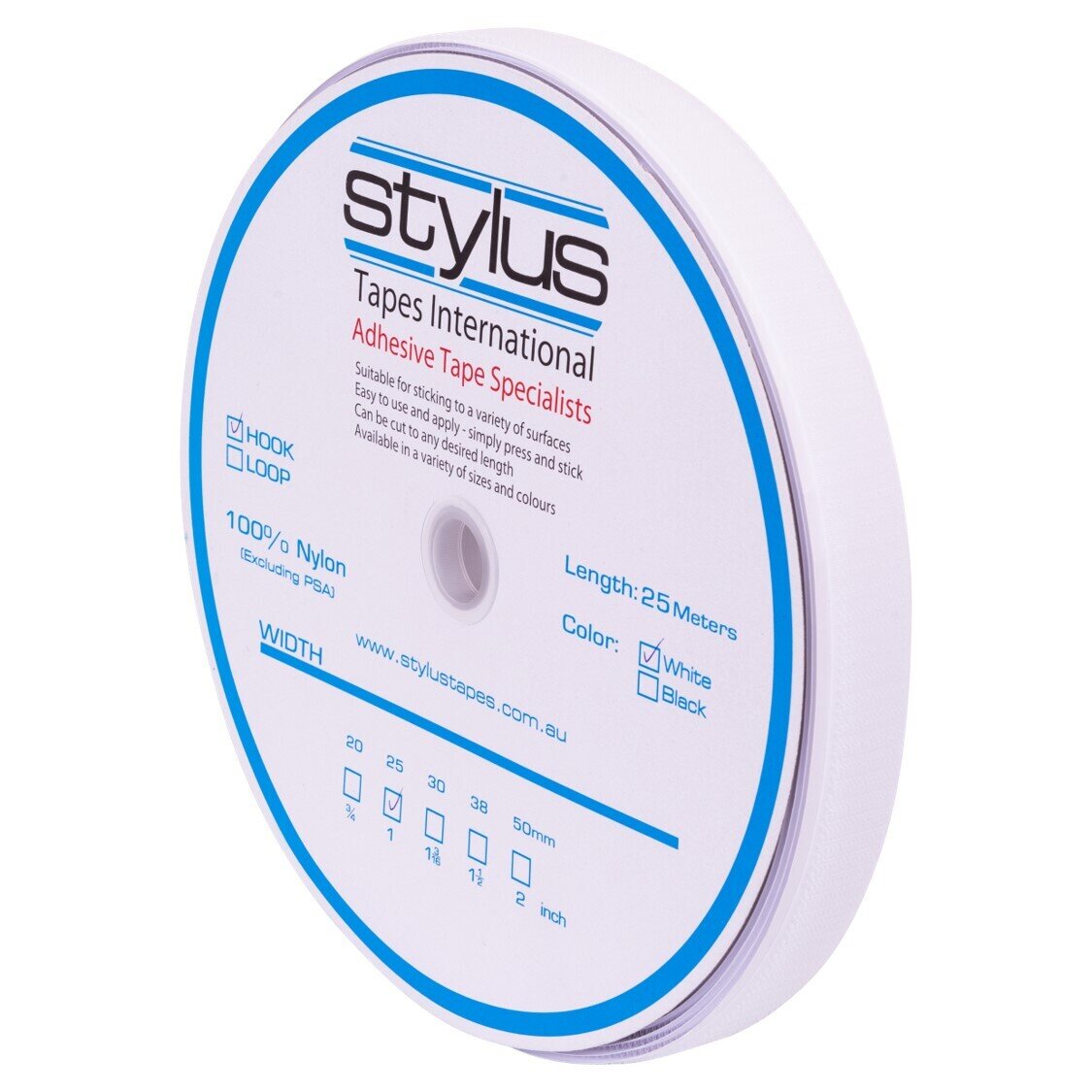 SELF ADHESIVE HOOK STYLUS 25MM X 25M ROLL WHITE