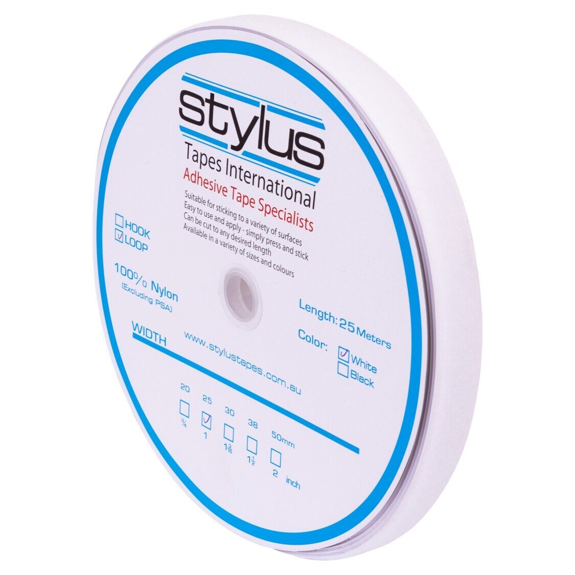 SELF ADHESIVE LOOP STYLUS 25MM X 25M ROLL WHITE
