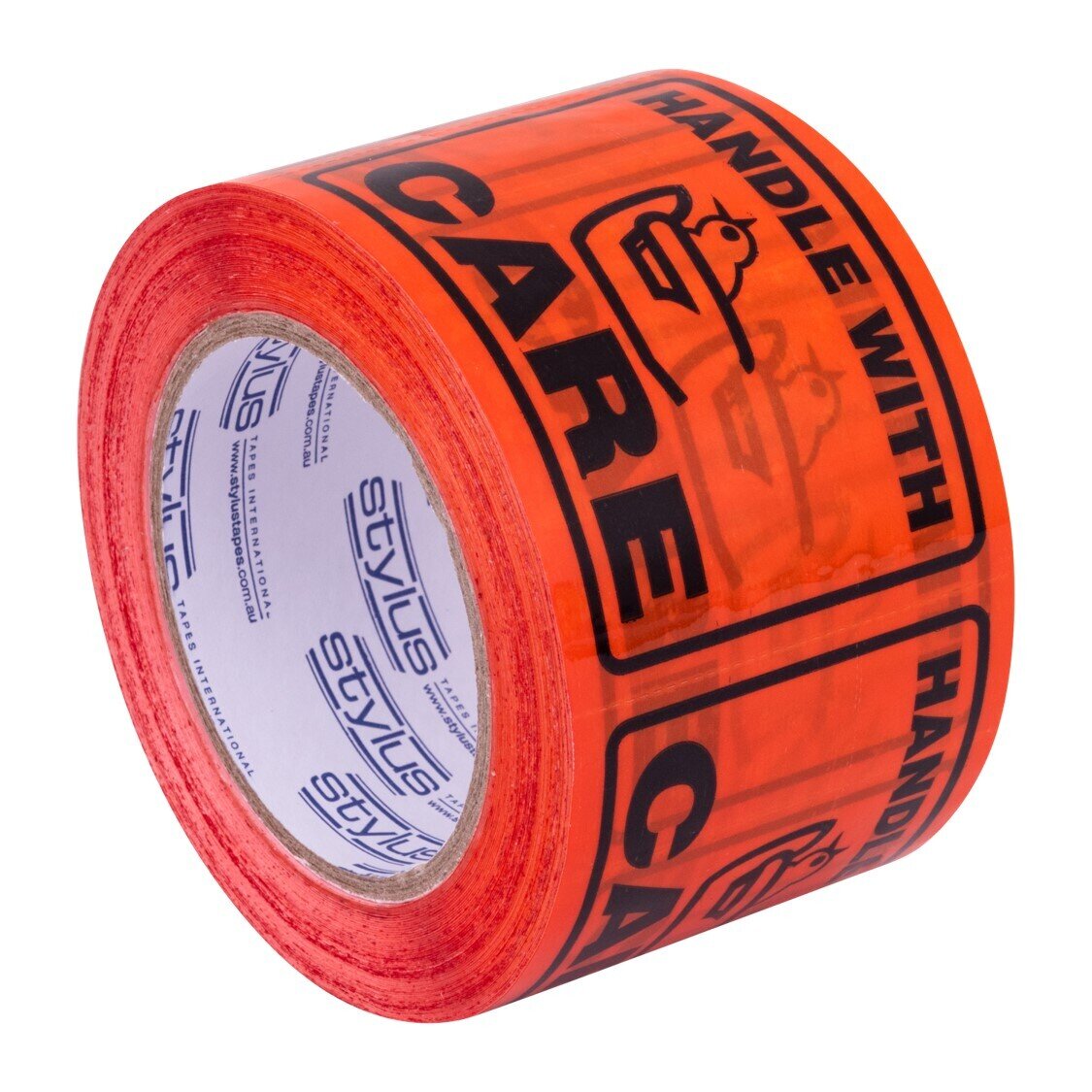SP- LABELTAPE STYLUS 75MM X 50M HANDLE WITH CARE BLACK/ORANGE PK2