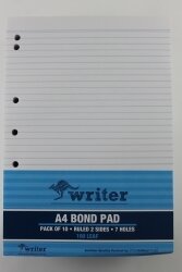 OFFICE PADS WRITER BOND A4 RULED 7 HOLE 100 SHEET