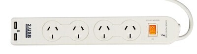 POWERBOARD 4 OUTLET WITH 2xUSB CHARGER/OVERLOAD PROTECTION/MASTER SWITCH