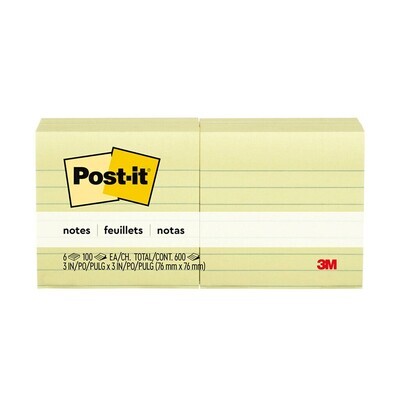 POST- IT NOTES 630-6PK 76X76MM LINED YELLOW PK6