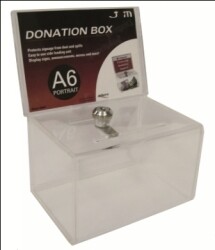 DONATION BOX DEFLECT-O A6 L/SCAPE LOCKABLE WITH HEADER CLEAR