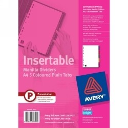 SP- DIVIDERS AVERY A4 MANILLA 5 INSERTABLE COLOURED TABS