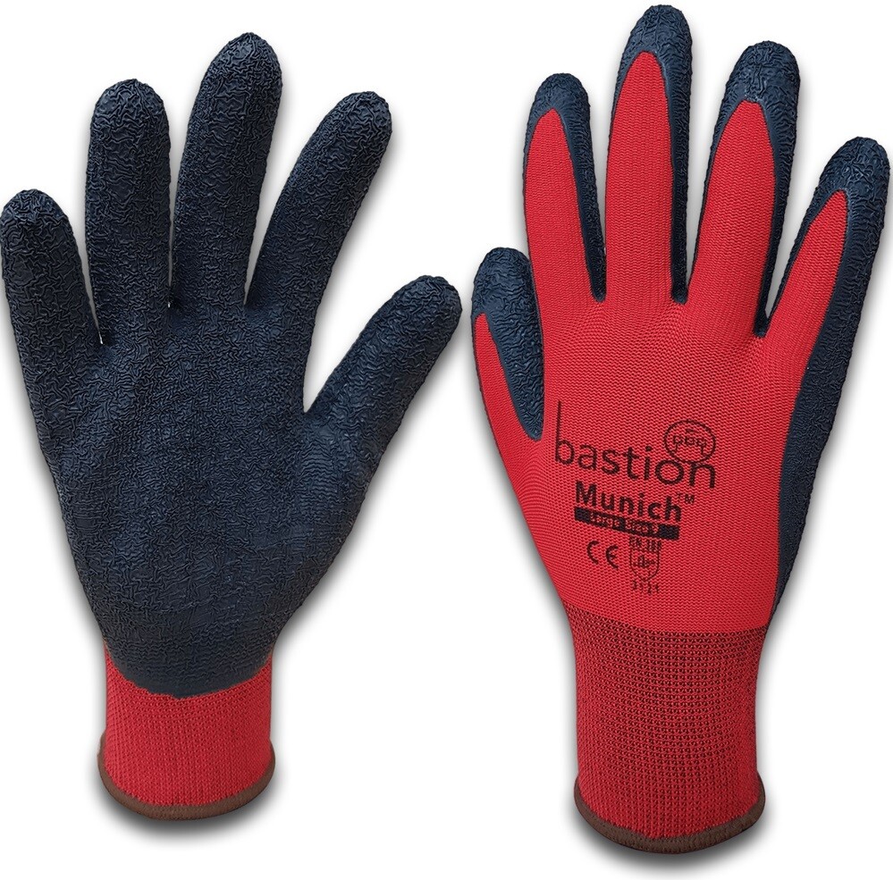 Bastion Munich Red Nylon Gloves Black Crinkled Latex Coating