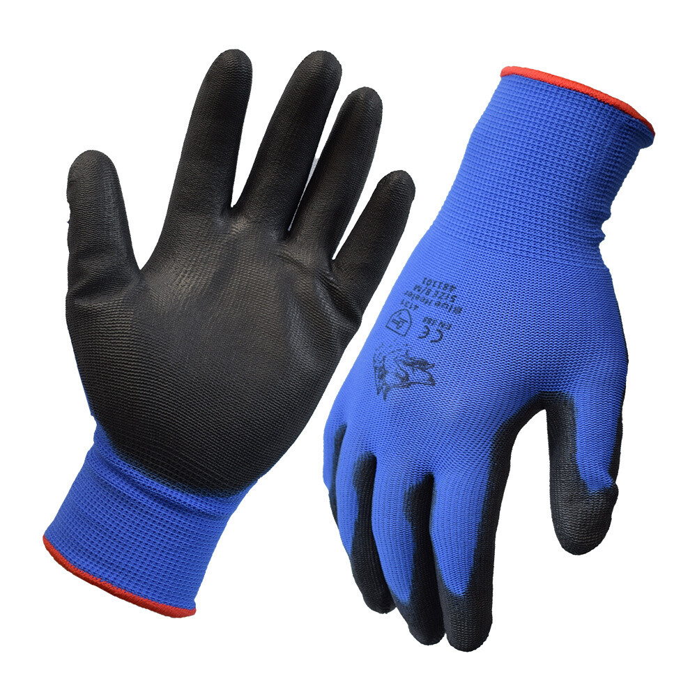 48 X Stealth Blue Heeler PU Palm Glove 13 gauge Polyester Shell