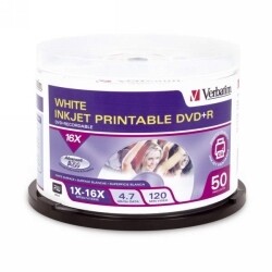 DVD+R VERBATIM 4.7GB WHITE INKJET PRINTABLE PK50