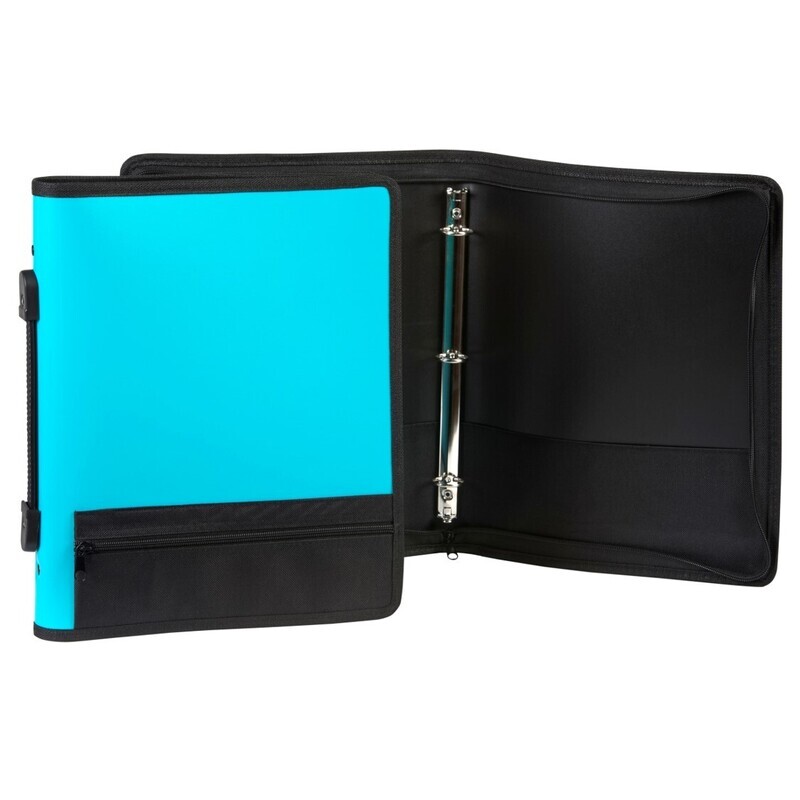 BINDER MARBIG A4 25MM 3 RING ZIP W/STORAGE POCKET & HANDLE ASST BLUE/BLACK