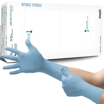 100pcs Ansell MICRO-TOUCH Blue Nitrile Sterile Gloves 6g Long Cuff, Pair-Packed, Powder-Free