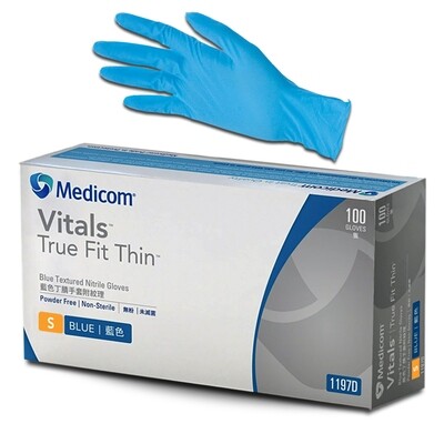 100pcs Medicom Vitals True Fit Thin Nitrile Gloves Powder Free Textured Blue, 5g