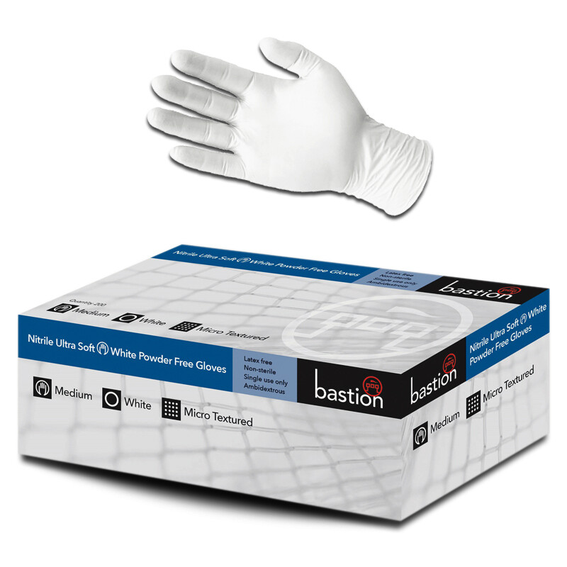 200pcs Bastion Nitrile Gloves Powder Free White UltraSoft Disposable