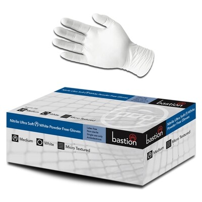 200pcs Bastion Nitrile Gloves Powder Free White UltraSoft Disposable