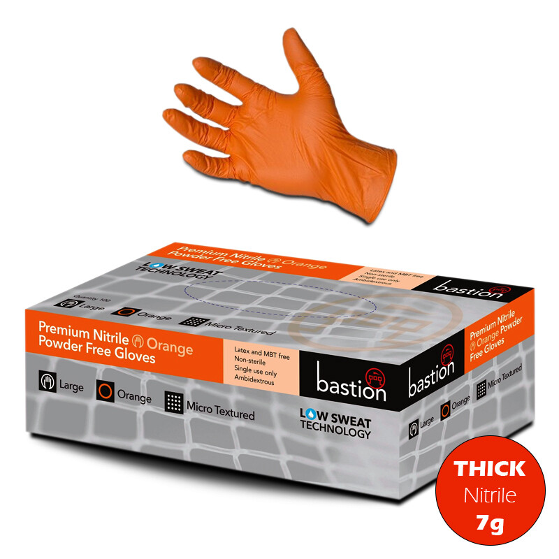 100pcs Bastion Nitrile Gloves Powder Free Orange Industrial 7g Micro Textured - Small