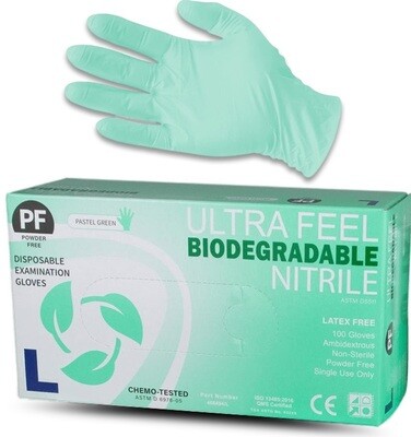 100pk Ultra Feel Pastel Green Biodegradable Nitrile Powder Free Gloves