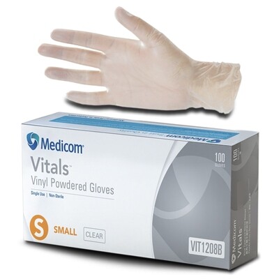 100pcs Medicom Vitals Vinyl Gloves, 4.5g, Powdered, Clear