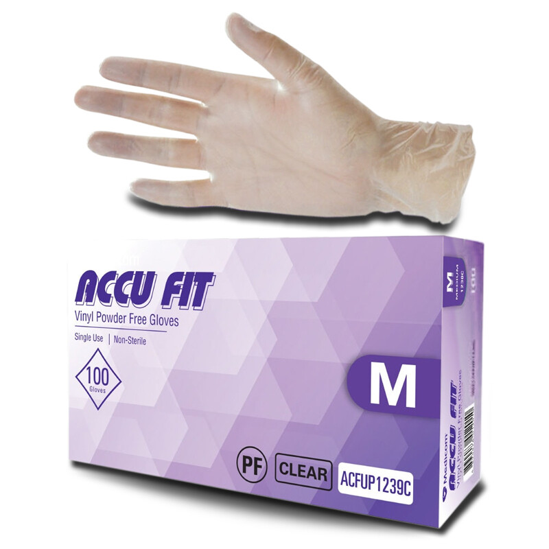 100pcs Medicom Accu Fit Vinyl Gloves, Powder Free, Clear