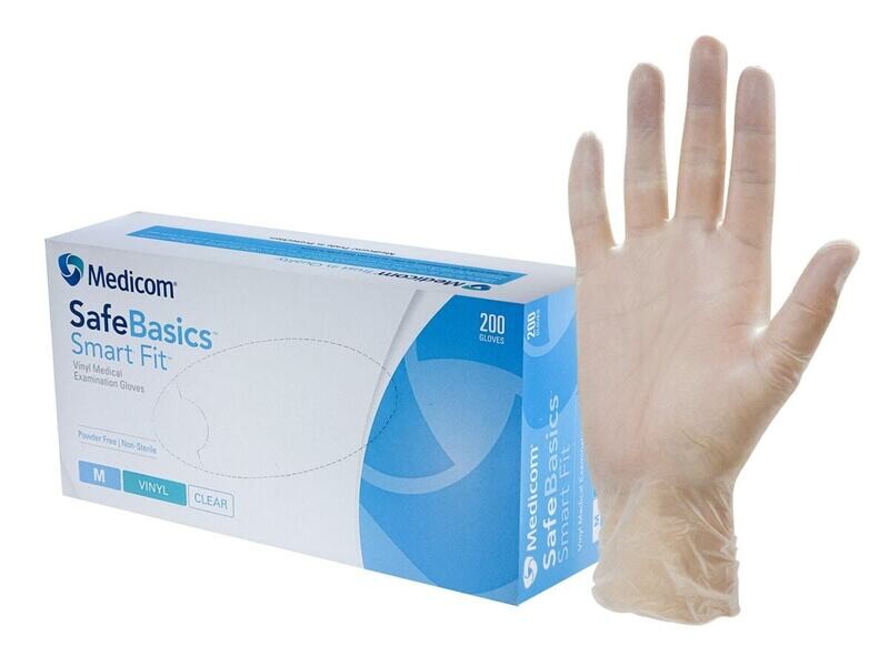 200pcs Medicom SafeBasics Smart Fit Vinyl | Powder Free | Clear Gloves | 5.0g