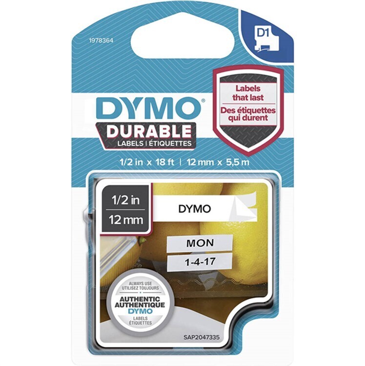 LABEL TAPE DYMO D1 DURABLE 12MMX5.5M BLACK ON WHITE