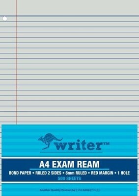EXAM PAPER WRITER A4 55GSM 8MM RULED WITH MARGIN 1 HOLE PUNCHED