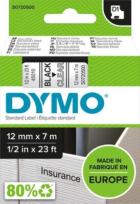 LABEL TAPE DYMO D1 12MMX7M BLACK ON CLEAR