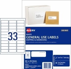 LABEL AVERY COPIER/LASER L7157GU 64X24.3 33UP BX100