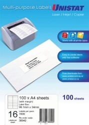 LABEL UNISTAT AVERY 99.1x34MM 16/SHEET WITH MARGIN BOX 100