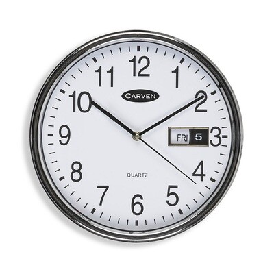 SP- WALL CLOCK CARVEN 285MM WITH DATE SILVER RIM