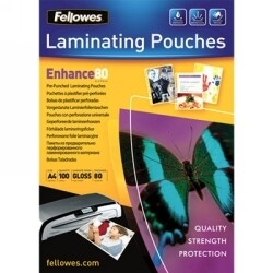 SP- LAMINATING POUCHES FELLOWES A4 80 MICRON PRE PUNCHED GLOSS PK100