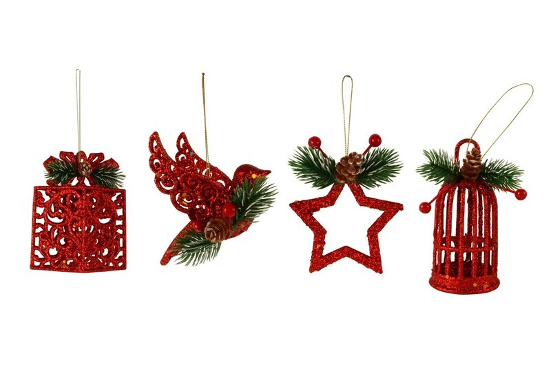 XMAS DECO 14X11CM RED GLITTER WITH FOLIAGE 4 ASST
