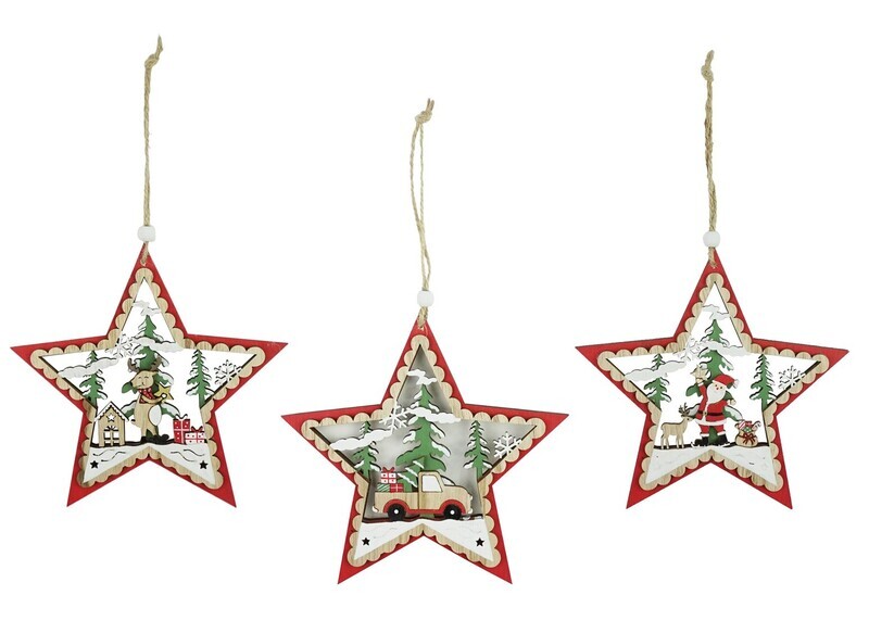 XMAS DECO HANGING 15X16CM STAR ASST
