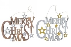 DECORATION XMAS WOODEN HANGING PLAQUE MERRY CHRISTMAS 300X245MM 3 ASST