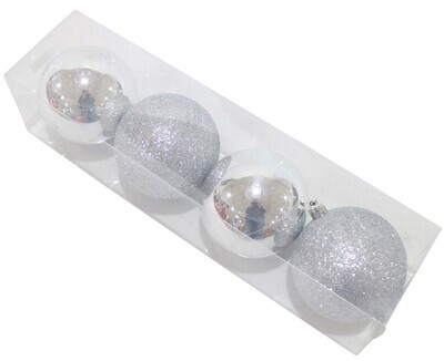 DECORATION XMAS BAUBLES 80MM 4 PIECES SHINY AND GLITTER SILVER