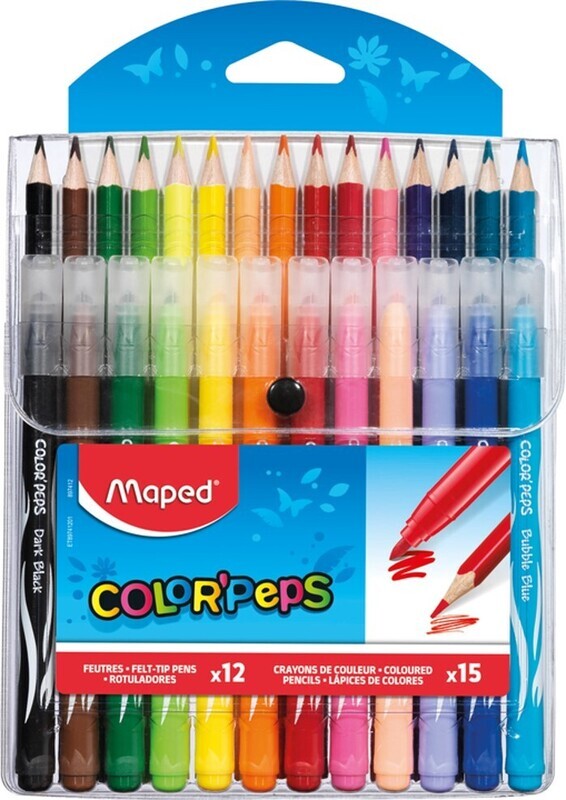 COMBO PACK MAPED FELT TIP MARKERS X12 & COLOURED PENCILS X 15 ASST PK27