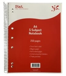 NOTEBOOK STAT A4 5 SUBJECT 60GSM 7MM RULING BOARD COVER RED 250PG