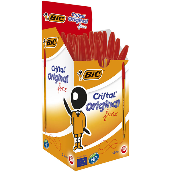 PEN BIC BP CRISTAL ORIGINAL 0.8MM FINE RED BX50