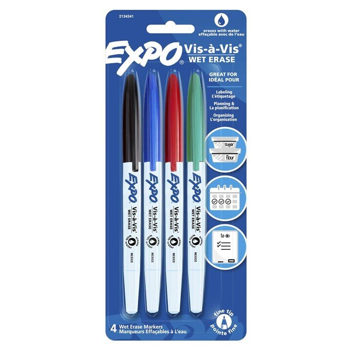 MARKER WHITEBOARD EXPO VIS A VIS WET ERASE F/POINT PK4 ASSORTED BLISTER