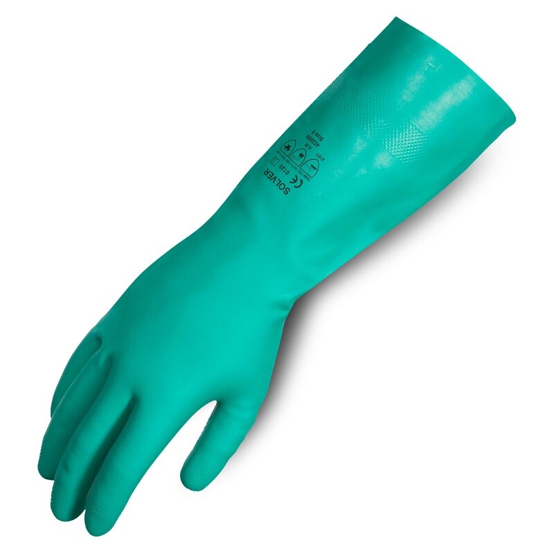 SOLVER - SOLVENT RESISTANT NITRILE GLOVE DIAMOND GRIP GREEN 46CM