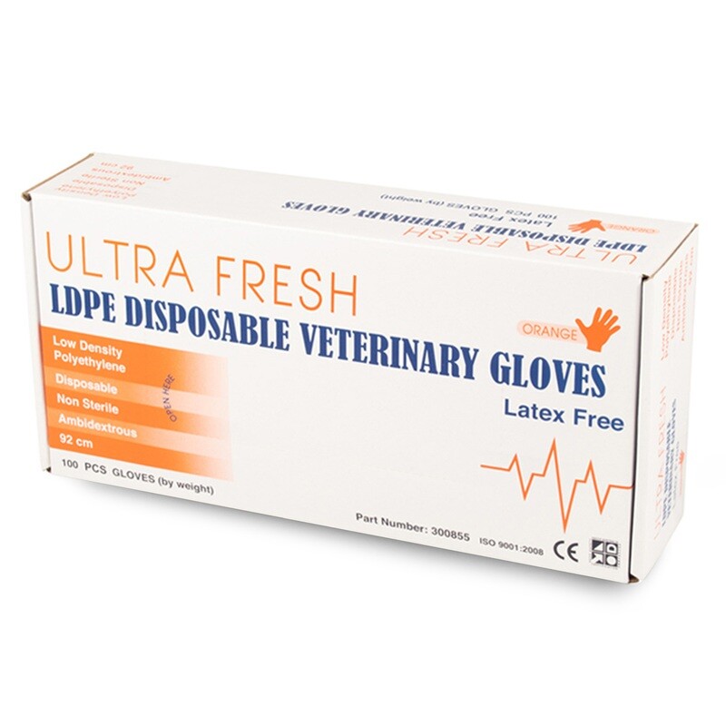 ULTRA FRESH VETERINARY GLOVES LDPE ORANGE 920mm 100 PACK