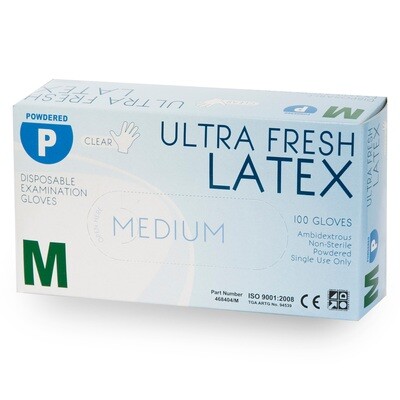 ULTRA FRESH EXAM LATEX GLOVES CLEAR POWDERED Premium Weight 100 BOX
