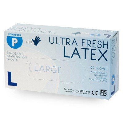 ULTRA FRESH EXAM LATEX GLOVES BLUE POWDERED Premium Weight 100 BOX