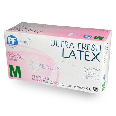 ULTRA FRESH EXAM POLYMERCOATED LATEX GLOVES CLEAR PF TEXTURED 200 BOX