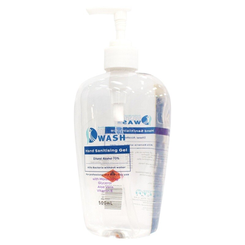 ULTRA WASH HAND SANITISER 70% ALCOHOL CLEAR GEL- 500ML